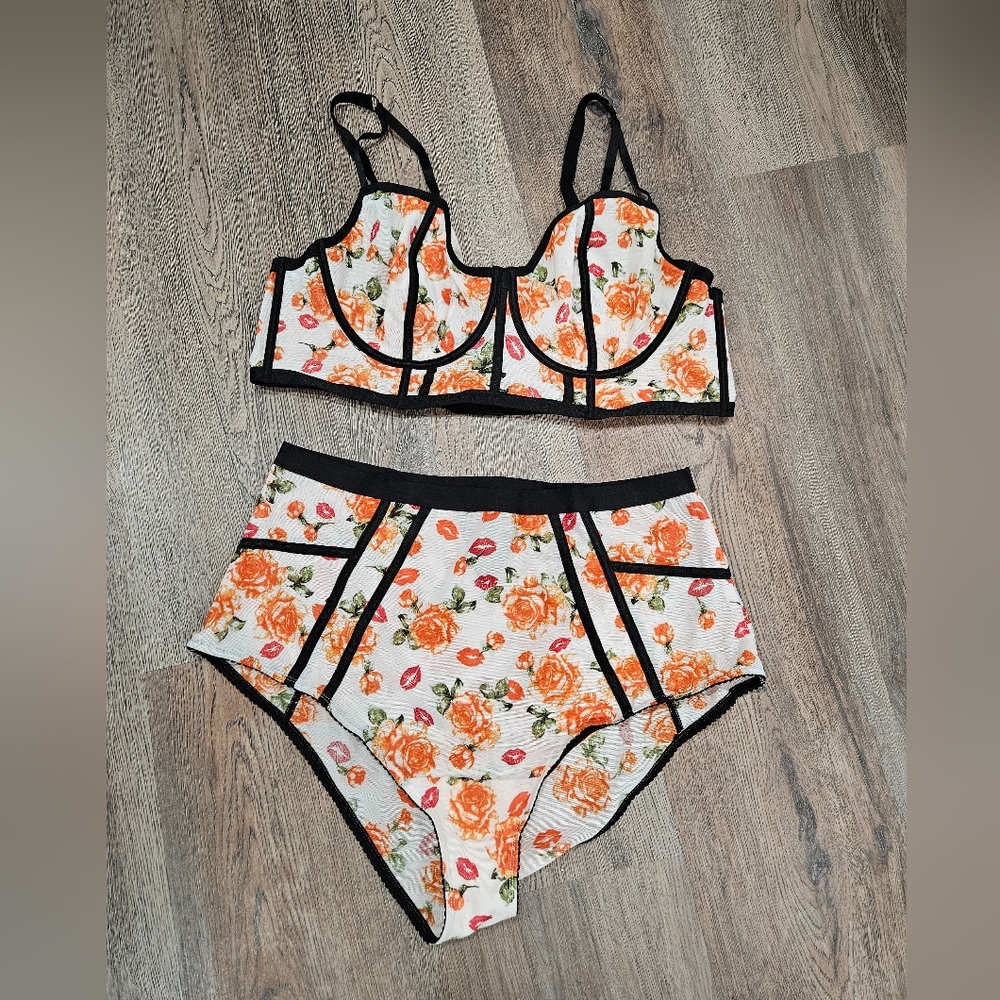 torrid White Floral Underwire Bra & High-Waist Brief Set with Black Trim